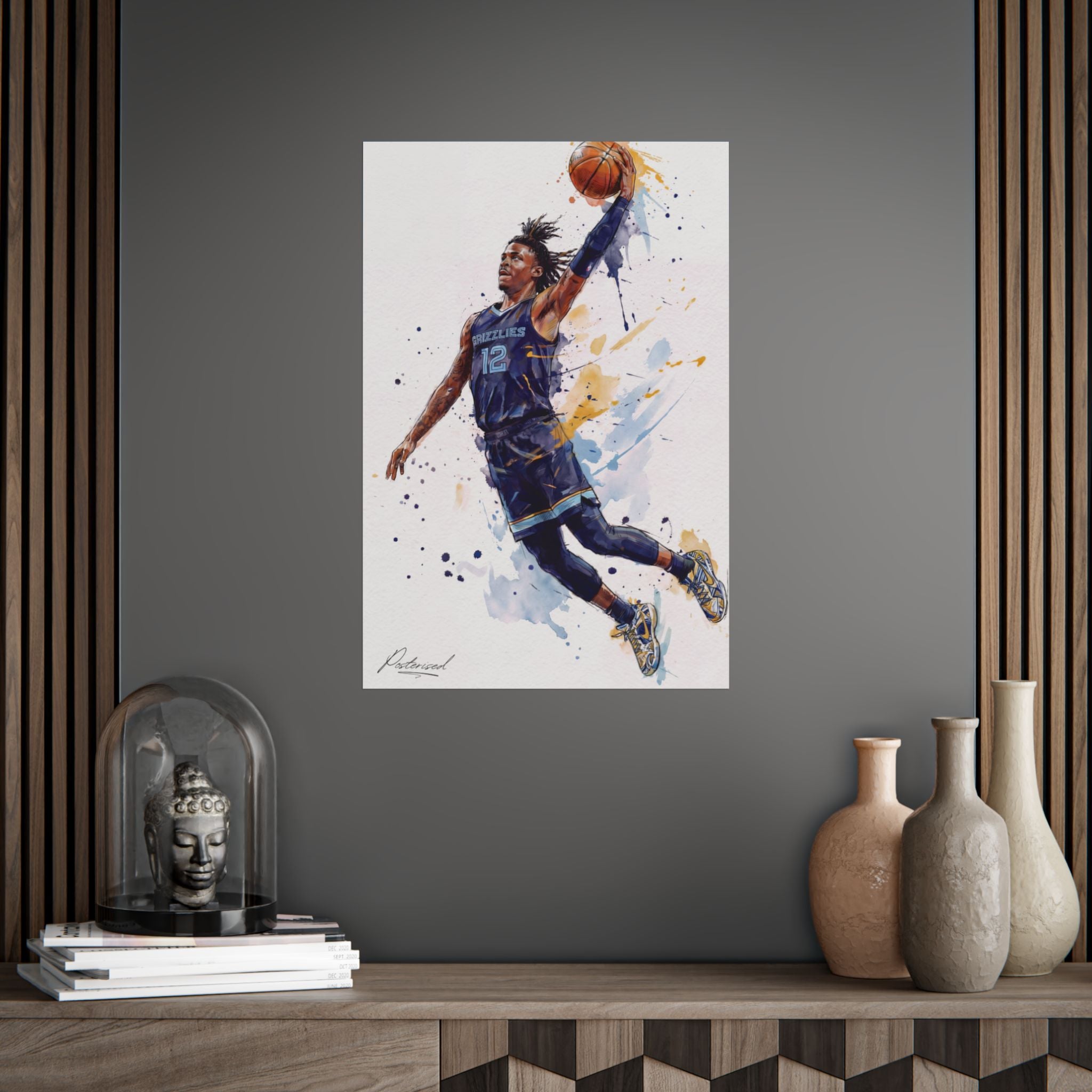 Framed artwork of a basketball player in action on a wall above a wooden shelf with decorative items.